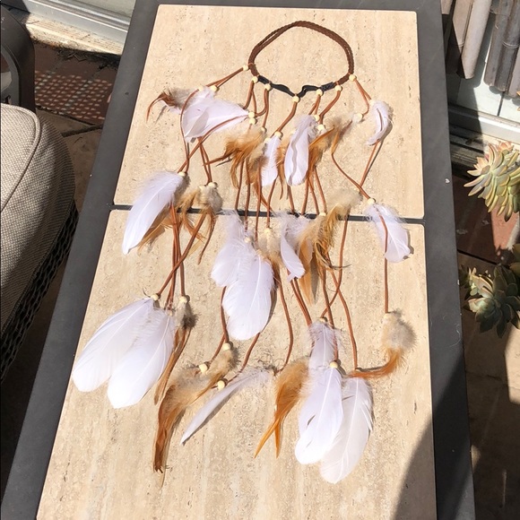 NEW Boho Gypsy White Feather & Bead Suede Headband - Picture 2 of 6